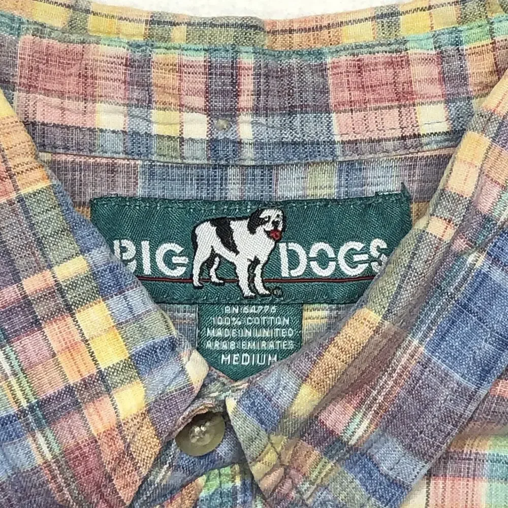Big Dogs Shirt Men's Medium Blue Red Green Plaids Camp Style Cotton Short Sleeve